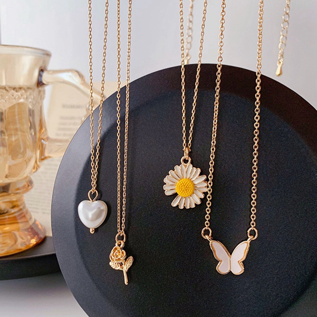 Kalung Liontin Bunga Mawar Chrysanthemum Daisy Butterfly Aksen Mutiara Bahan Alloy Gaya Korea Untuk Wanita