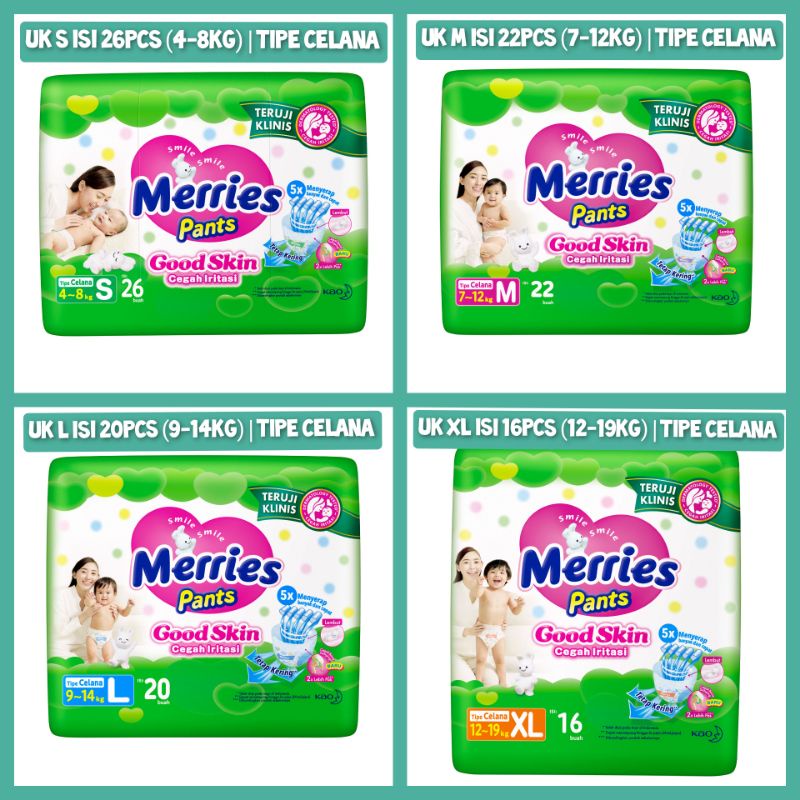 Merries Pants Good Skin - Popok Bayi Tipe Celana Ukuran S26/M22/L20/XL16