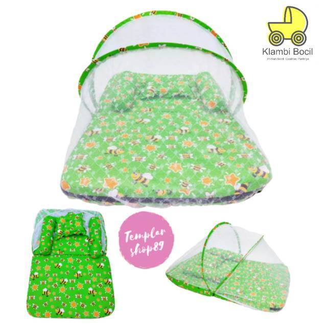 Klambi Bocil-- Kasur bayi set kelambu bantal dan guling model lipat lebah hijau