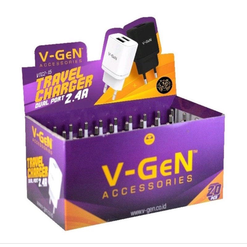 Jual Adapter Charger VGen VTC2C15 1box isi 20psc 2usb 2.4A Kepala