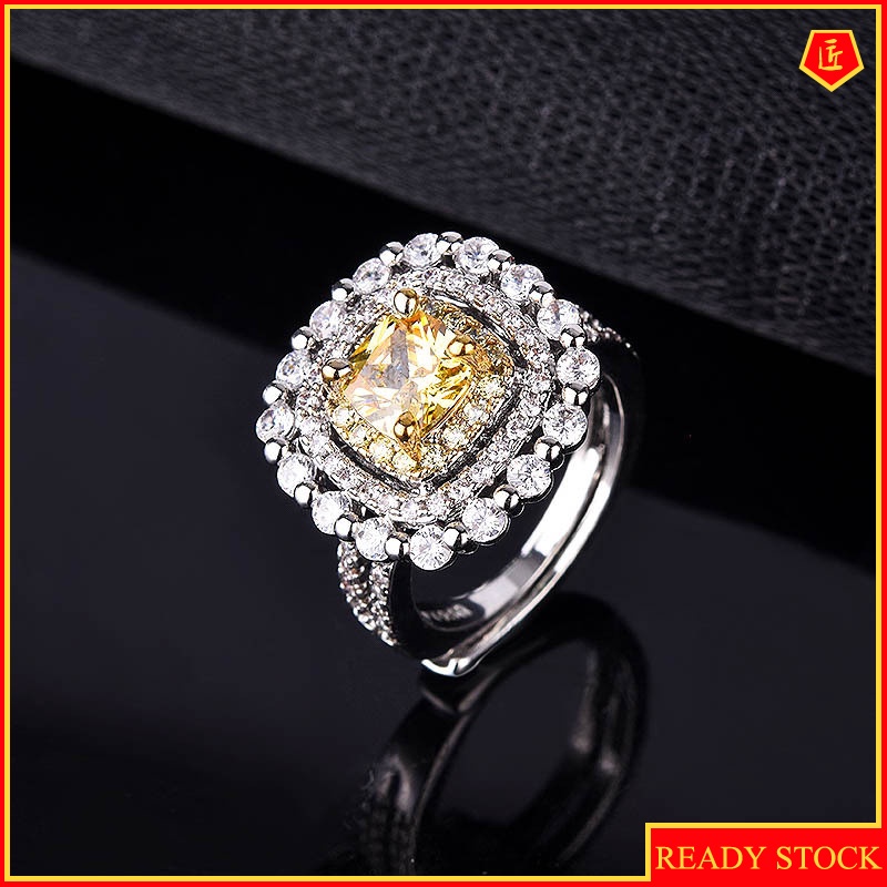 [Ready Stock]Pt950 Luxury Bead Edge Yellow Diamond Open Ring for Women