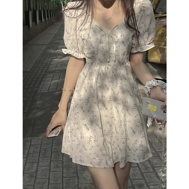 Nico##midi dress korea/Gaun Bunga Krim Wanita Musim Panas Lembut Prancis Lengan Gelembung Rok Sifon Rok Cinta Pertama