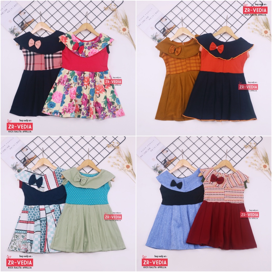 Dress Evelin uk 1-2 Tahun / Baju Anak Perempuan Atasan Model Dres Cewek Gaun Pesta Motif Polos Bunga