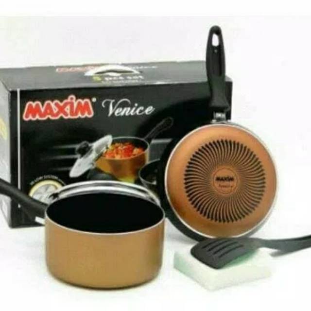 Maxim venice 5 set (panci 17cm + tutup kaca + wajan gagang satu (frypan) 20cm + spatula + sponge)