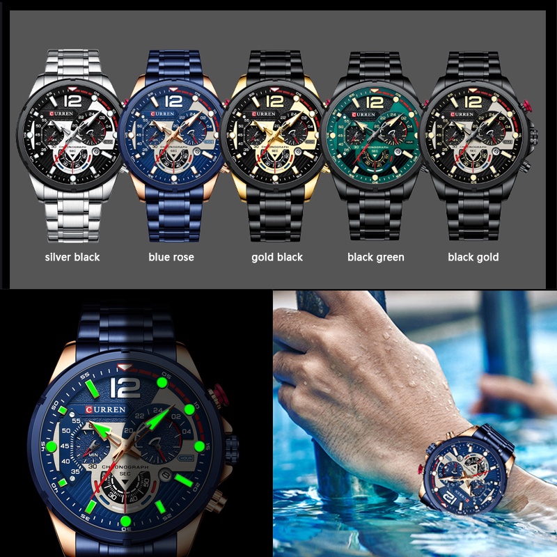 CURREN 8395 Jam Tangan Pria Analog Stainless Steel Chronograph Aktif Luminous Hand Fashion Waterproof Calendar Watch