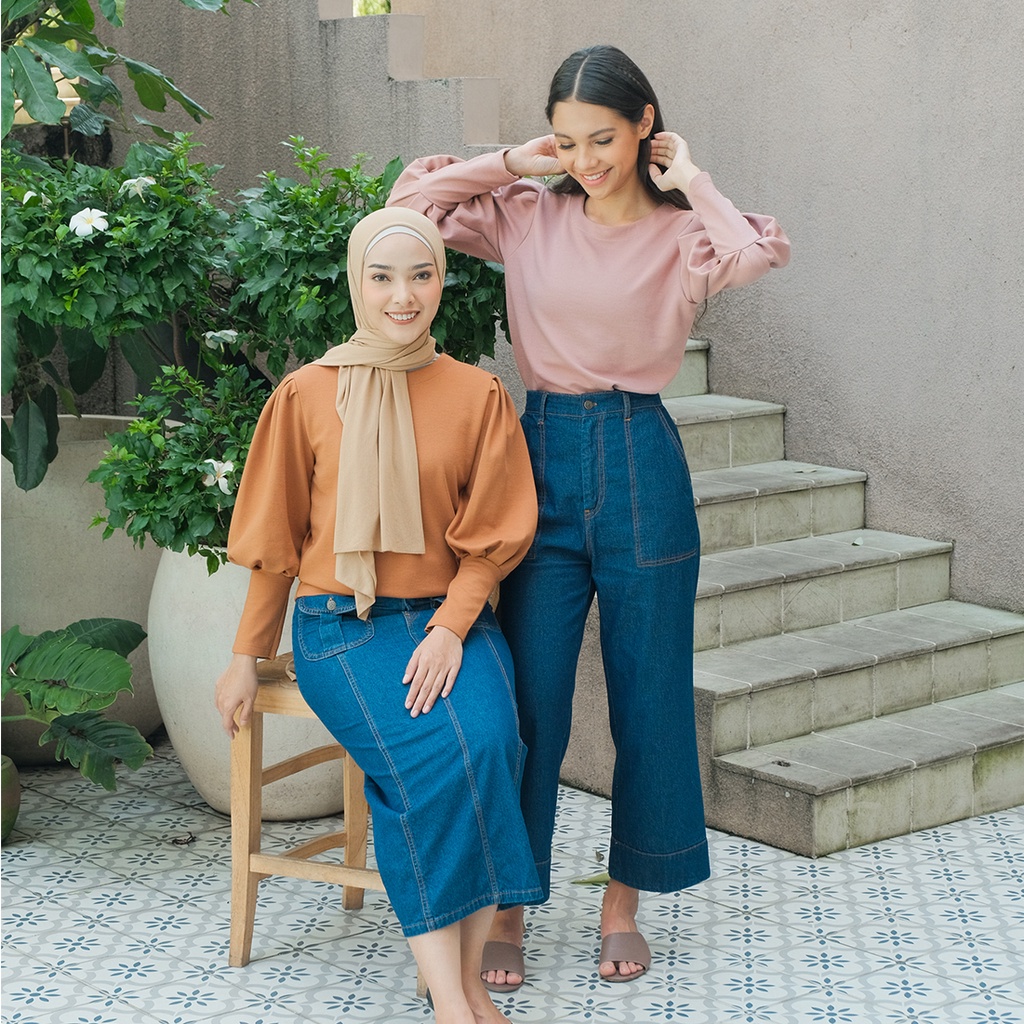 Isla Nerea Top Basic - Blouse Wanita Lengan Balon - Textured Cotton-4