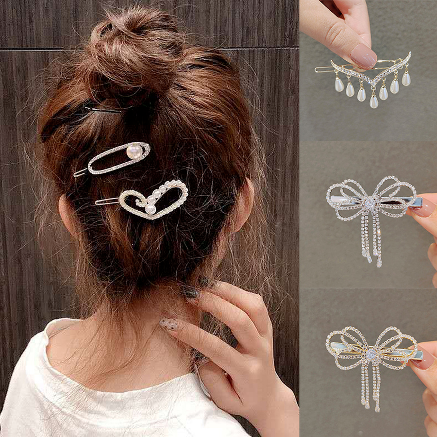 Korean Crystal Full Diamond Hair Clip Girl Pearl Rhinestone Hairpin Cute Elegant Hair Accessories