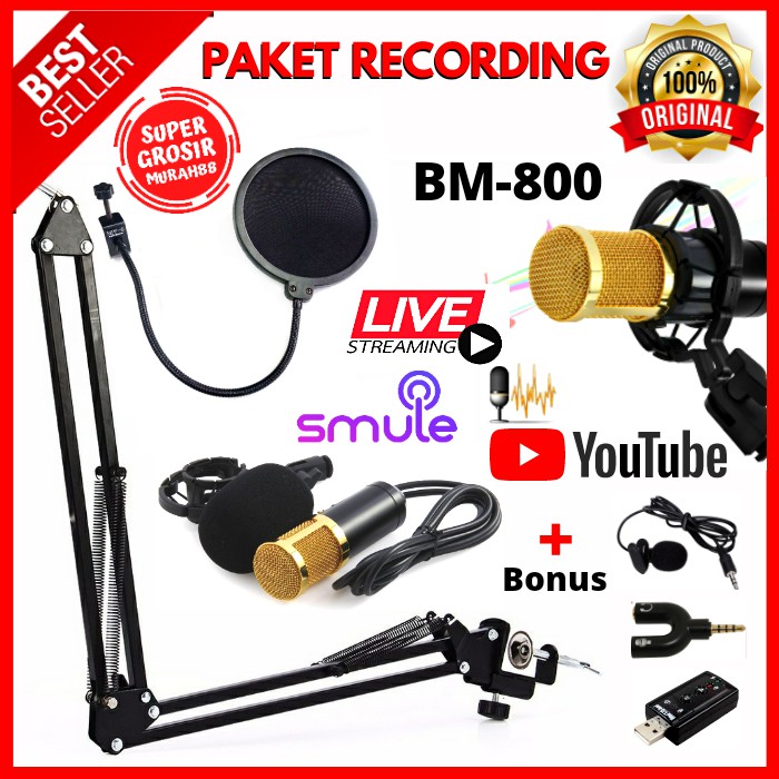 Paket Recording Microphone Mic BM 800 BM800 Youtube Stand Pop Filter Spliter U Sound Card