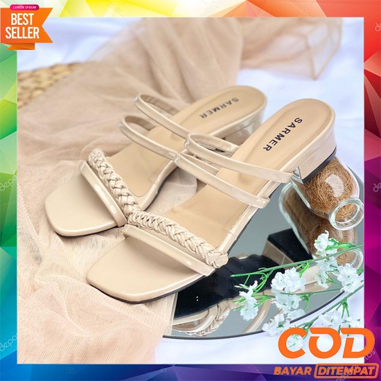 Sendal Sandal Sandals Sepatu Cewek Perempuan Rumah Santai Outdoor Indo Sarmer - Litha Heels Cream