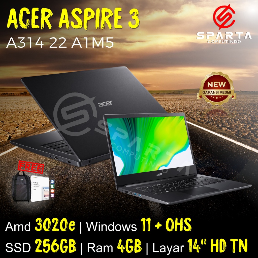 Laptop Acer Aspire 3 Slim A314 22 A1M5 /AMD A3020e/4GB/256GB SSD/14″/Win 11 Home+OHS 2021/Charcoal Black