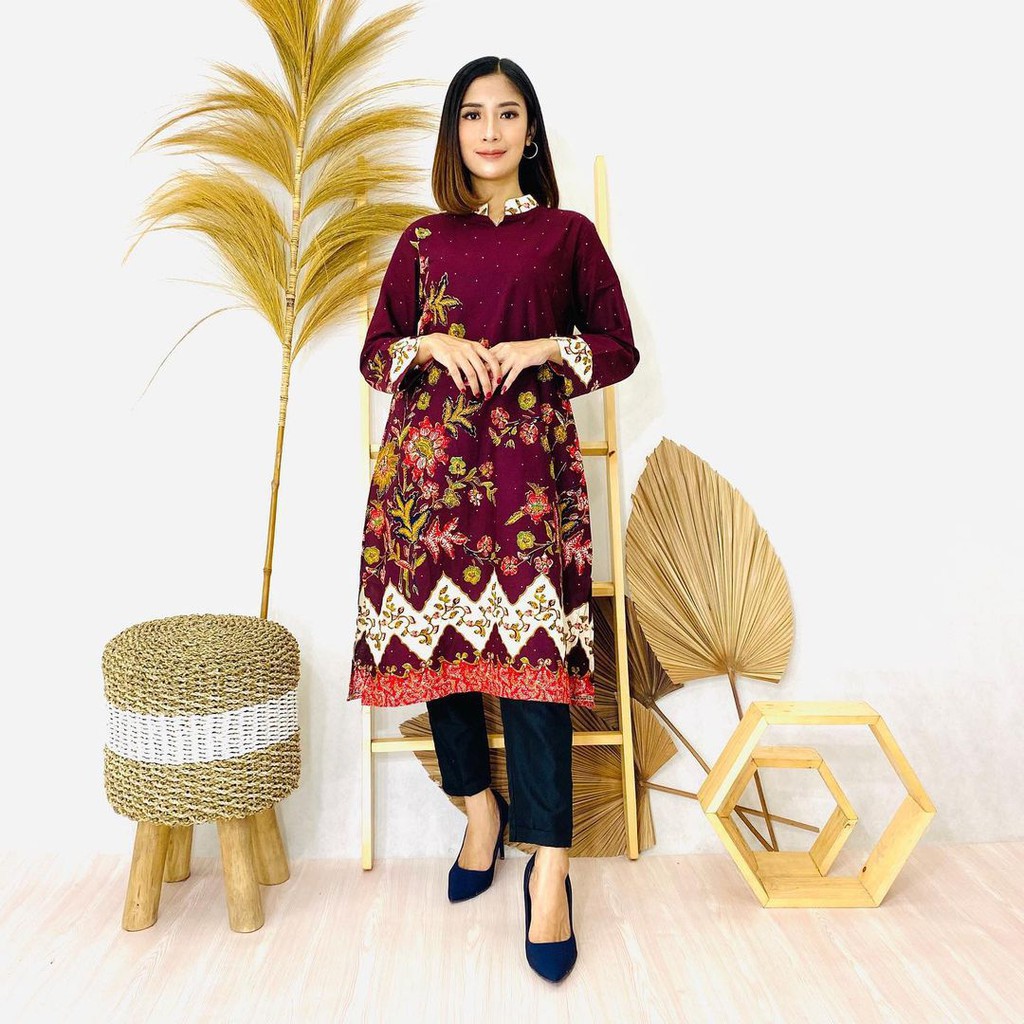 Benang Raja Tunik Batik Wanita Lengan Panjang Ukuran M L Xl
