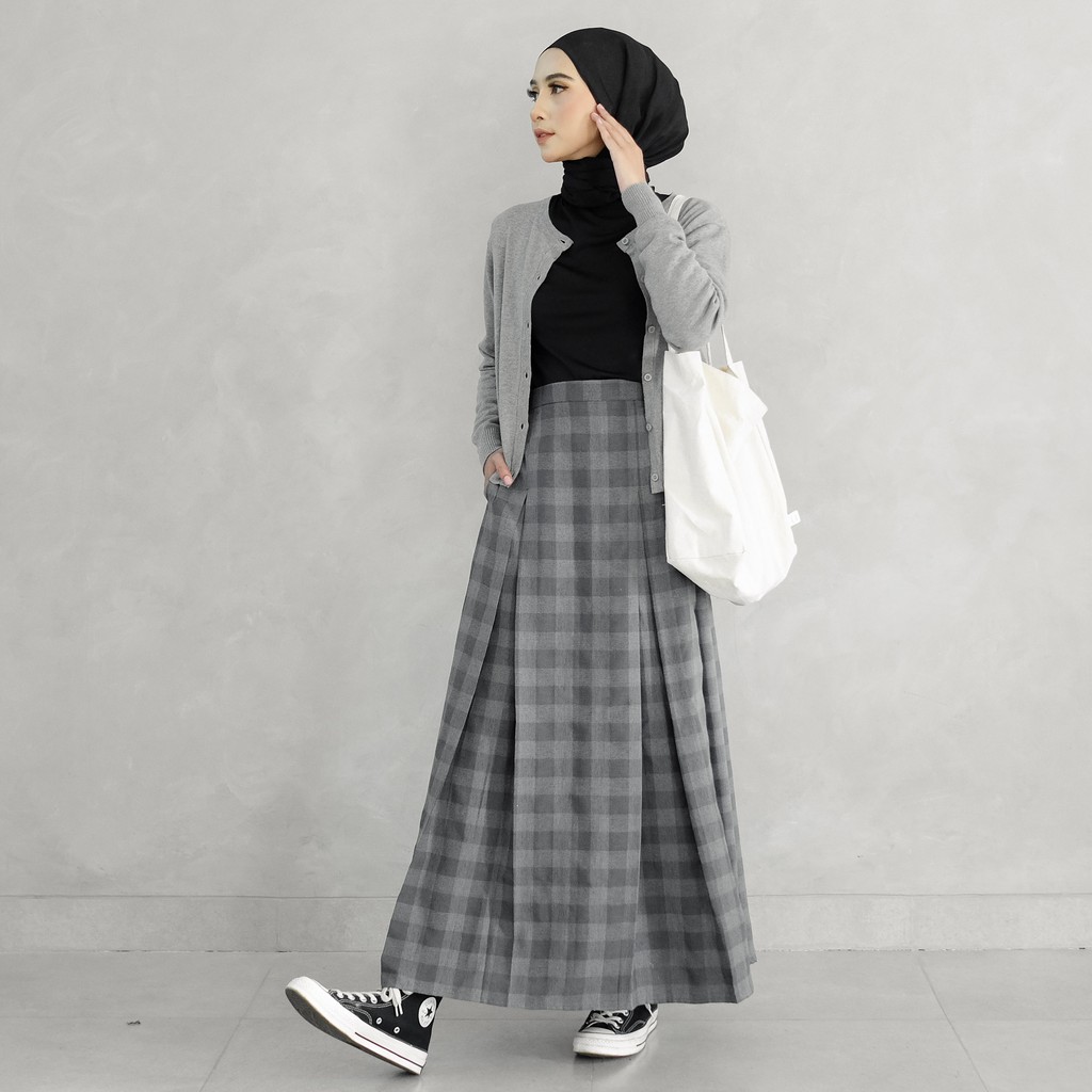THISISBENDINA Rok Panjang Motif Kotak Korea NAYA Skirt All Size-DARK GREY