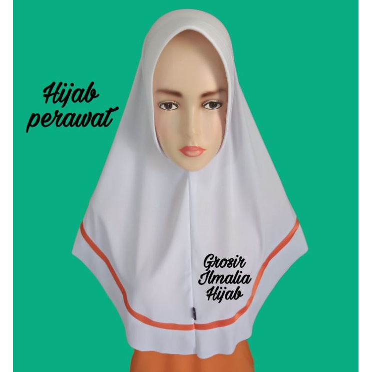 Hijab Suster Terbaru/Jilbab Bidan/Kerudung Perawat/Bergo Instan DinKes, Stikes/Busa Antem Garis Full-Orange