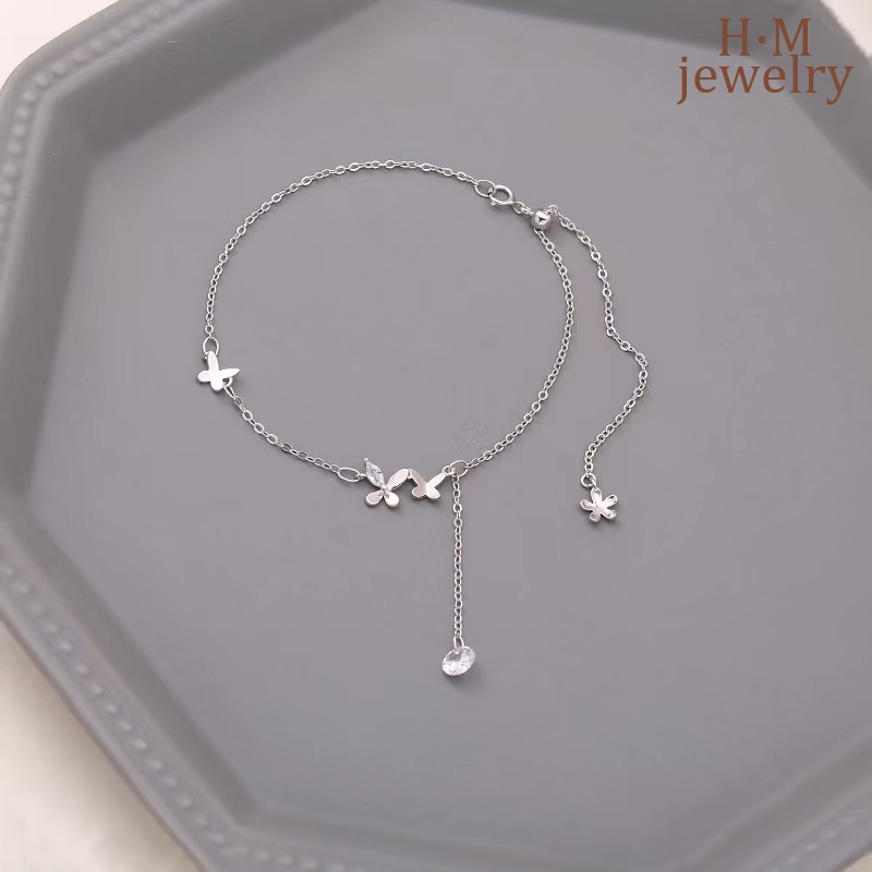 Gelang Kaki S925 Silver Model Rumbai Kupu-Kupu Aksen Berlian Butterfly