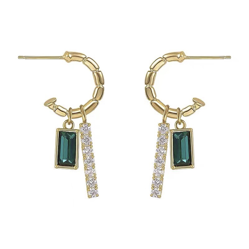 Anting Juntai Bentuk C Geometris Aksen Permata Hijau Gaya retro Untuk Wanita