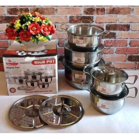 PANCI HIGH POT HAPPY FUN STAINLESS STEEL TUTUP KACA / PANCI SET 5PCS