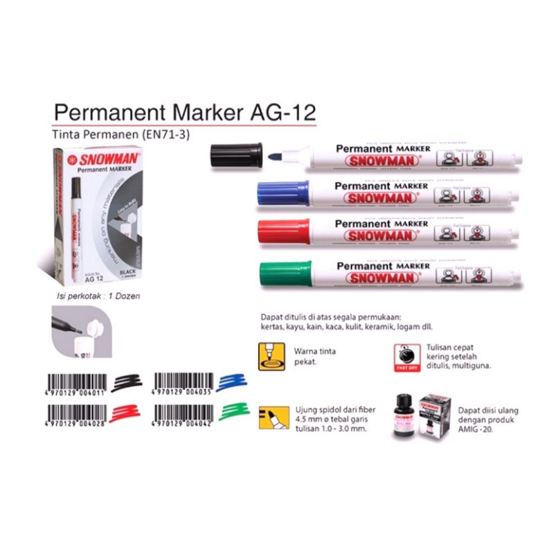 

❤ FAMILY ❤ ( 1 PCS ) Spidol Snowman Permanent AG-12 / Spidol Permanen AG-12
