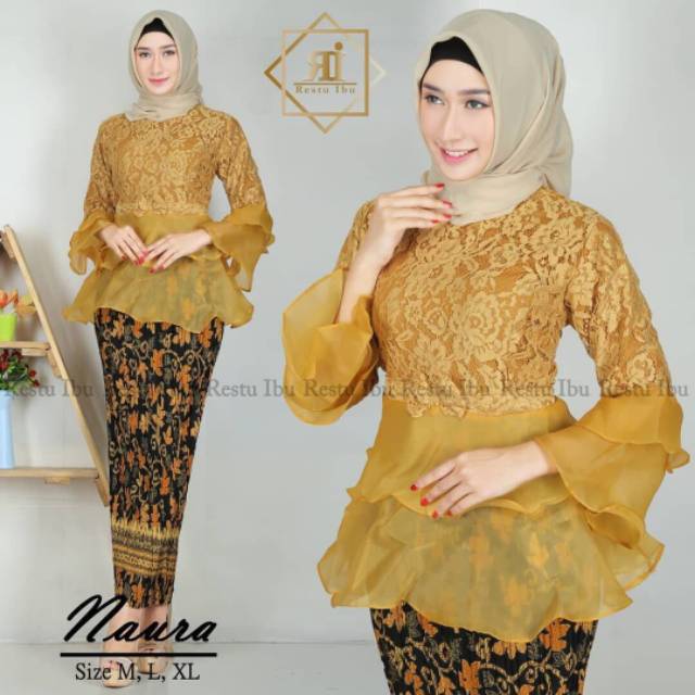 Setelan kebaya brukat mix organza / kebaya modern / set naura / maroon / navy / abu / coksu / gold
