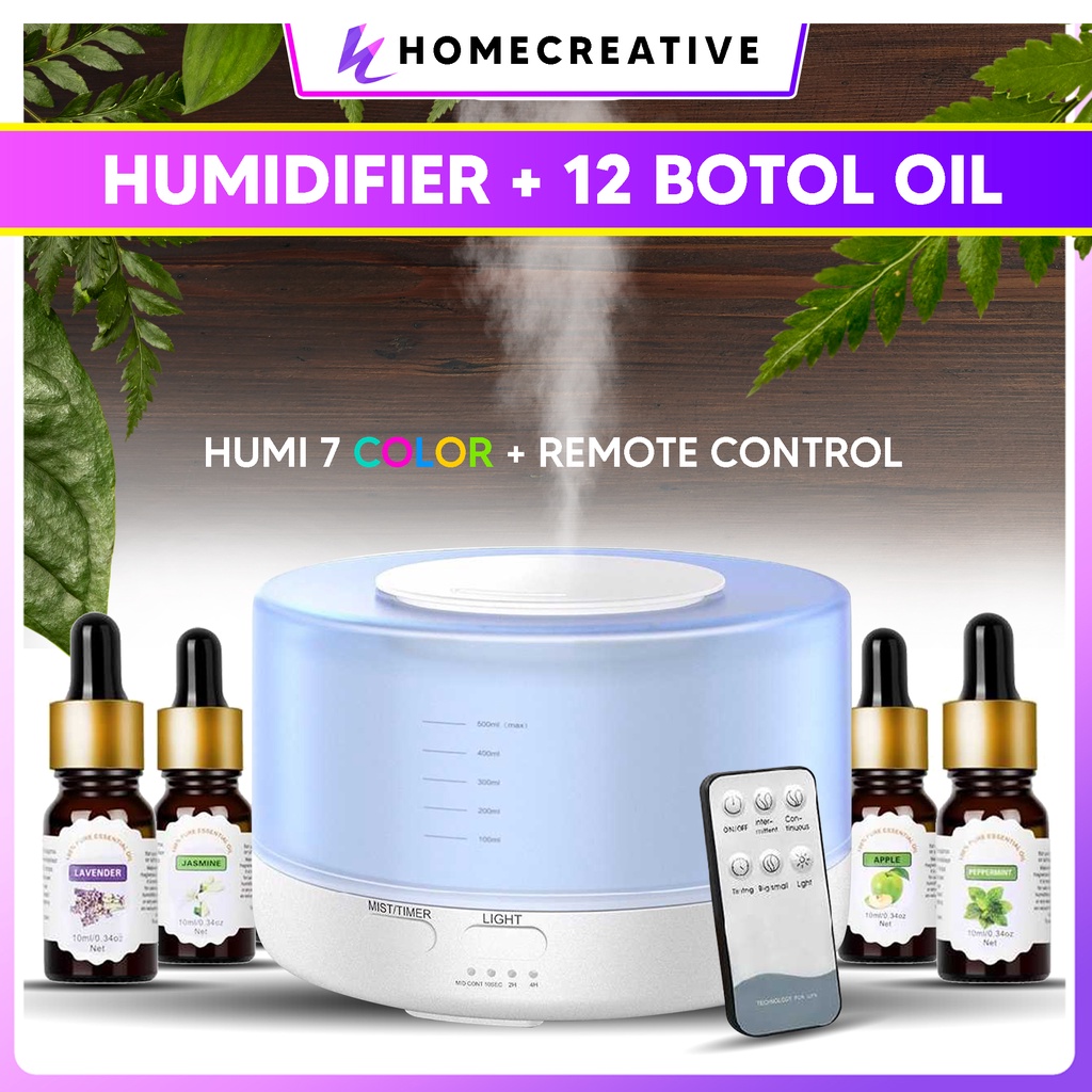 HOME CREATIVE 100% Original Humidifier 500 ML Diffuser Warna RGB Purefier Pelembab Udara Humidifier Ruangan Filter Ruangan Pengharum Ruangan Diffuser Bonus 12 Botol Esensial Oil Pure 100% Termurah