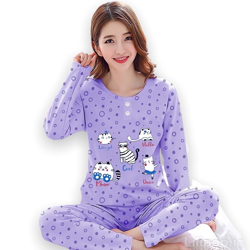 Baju Tidur Celana Panjang Wanita Baby Doll PP Lengan Panjang Bahan Kaos All Size Murah Lilipop