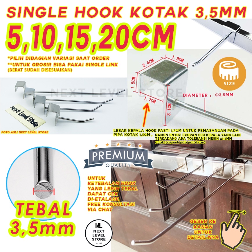 Single Hook Kotak Stainless 5 10 15 20 cm Cantolan Besi Tebal 3,5mm 3mm Square