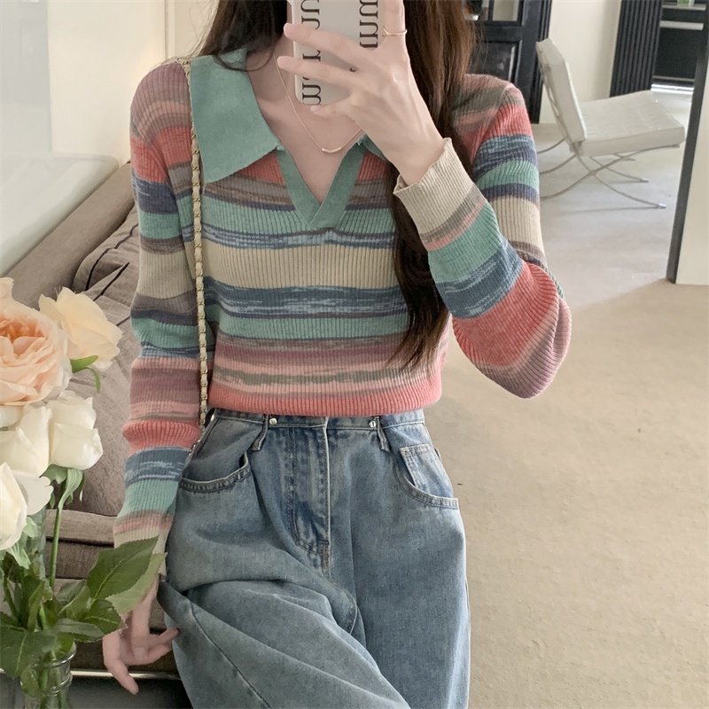 Sweater Rajut Knitwear Stripe Korea Style Lengan Panjang Wanita Knit Wrap Top