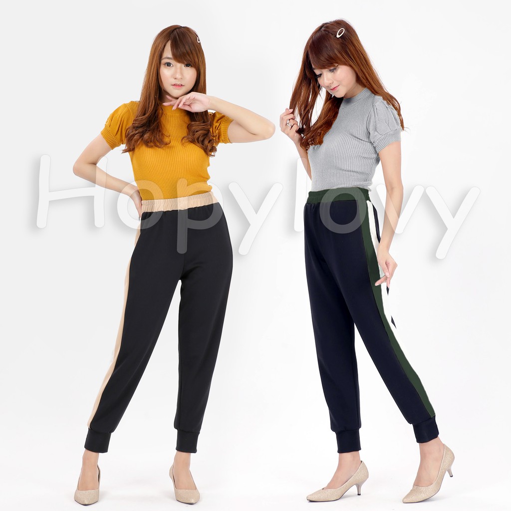 HOPYLOVY - Celana Jogger Wanita List Bahan Scuba Laila