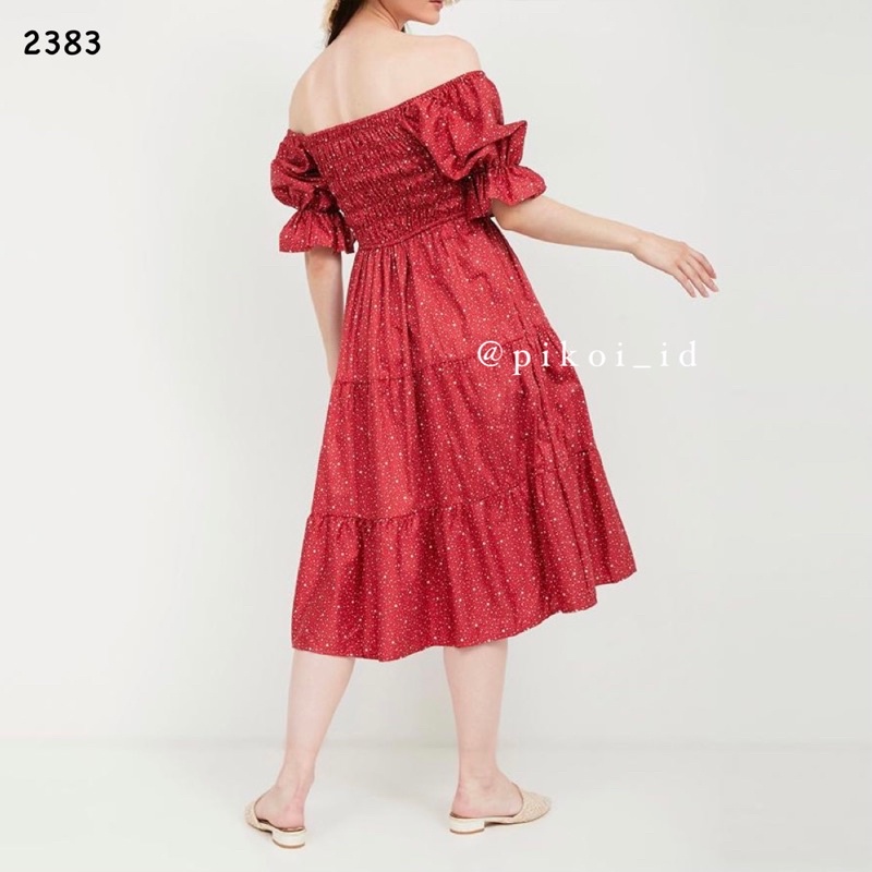 Sabrina dress merah / dress imlek CNY sincia / dress lengan balon karet serut summer pantai 2383