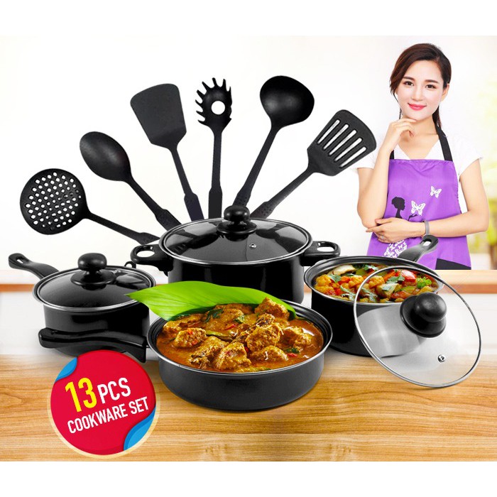 BISA COD!! TEFLON PANCI SET WARNA COOKWARE 13 SET FRYPAN SAUCEPAN MILKPOT FREE SPATULA