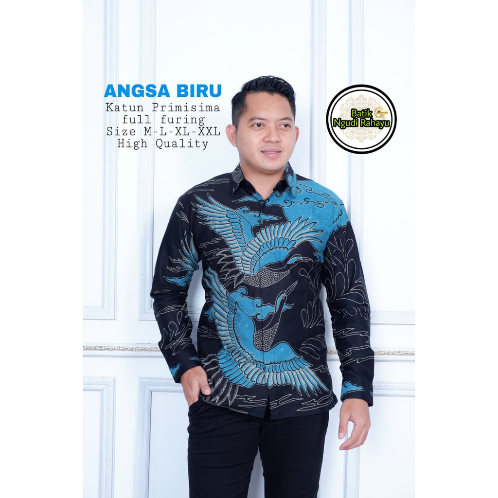 ANGSA BIRU NGUDI RAHAYU ATASAN KEMEJA BAJU BATIK PRIA SOLO LENGAN PANJANG FULL FURING PREMIUM PARANG LASEM PARANG PETHUK TIRTO UTOMO KUSUMO JATI KEMBANG RAMBAT  PEKSI KENONGO ANGGORO MAWAR LIRIS GURDO TUNGGAL PANJI LESMONO WIBISONO PEKSI SATRIO DAUN VIJAY