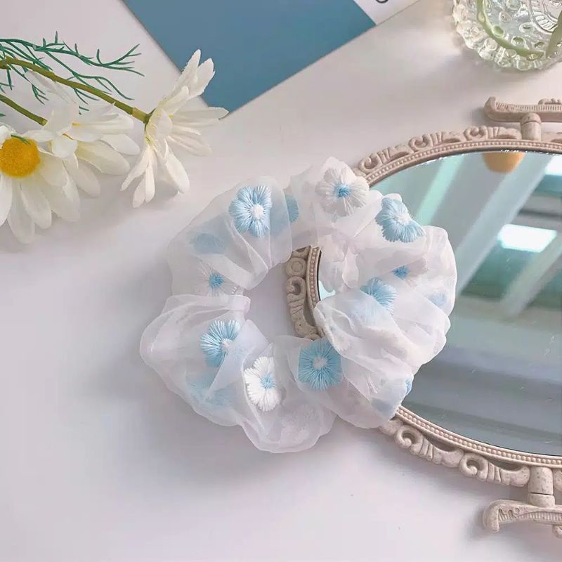 Ikat Rambut Korea Scrunchie Daisy Bunga Rambut Karet Rambut Chiffon Wanita