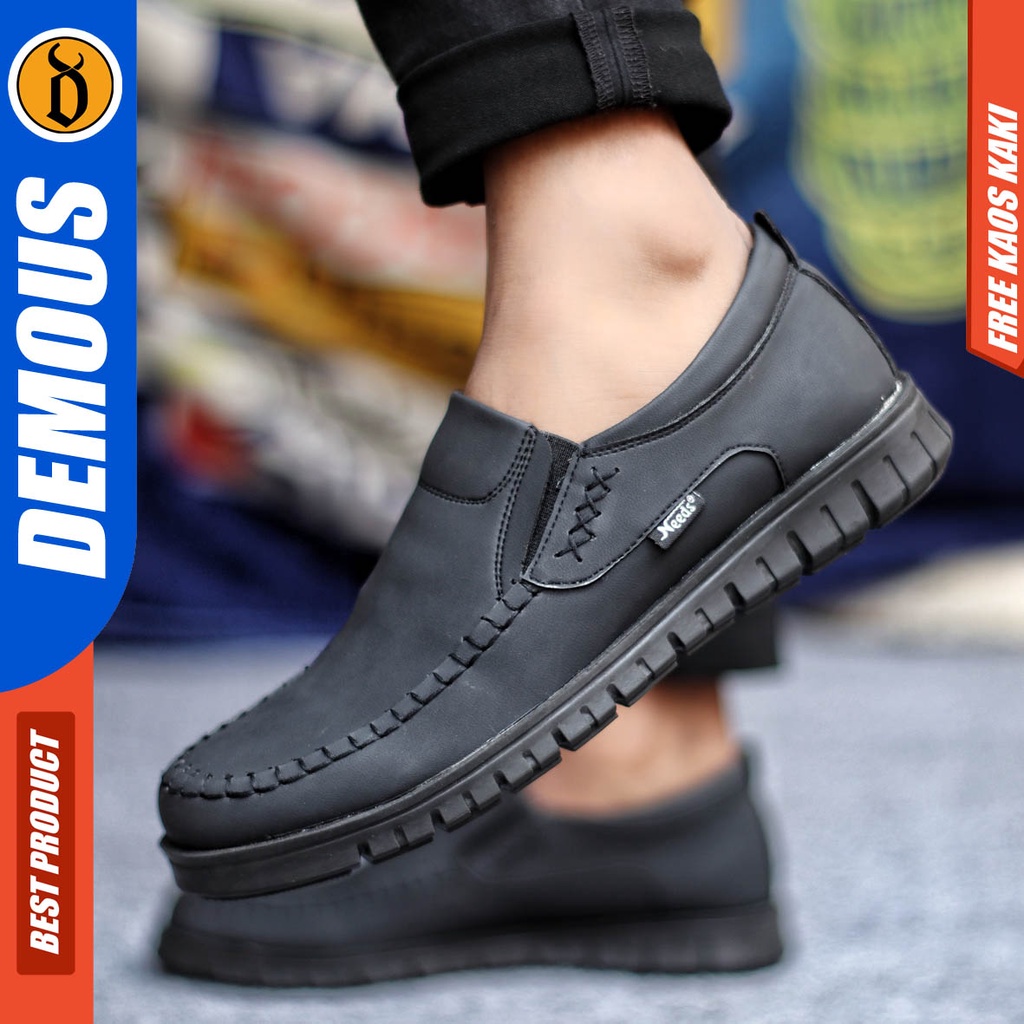 Sepatu Kasual Pria Casual Formal Slip On Kulit Pu Kerja Hitam Coklat Demous Bleno