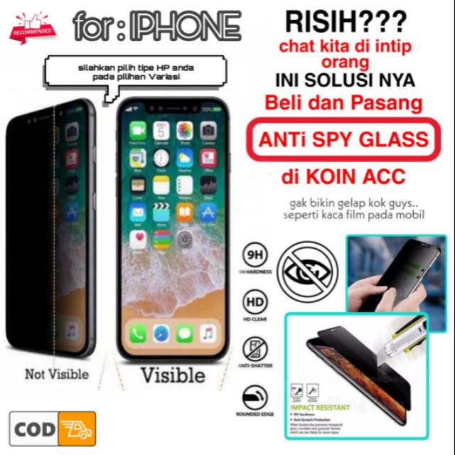 Anti SPY Glass IPHONE X/XS/6/6 plus/7/7 plus/8/8 plus/11/11pro -Privacy SCREEN PROTECTOR warna hitam