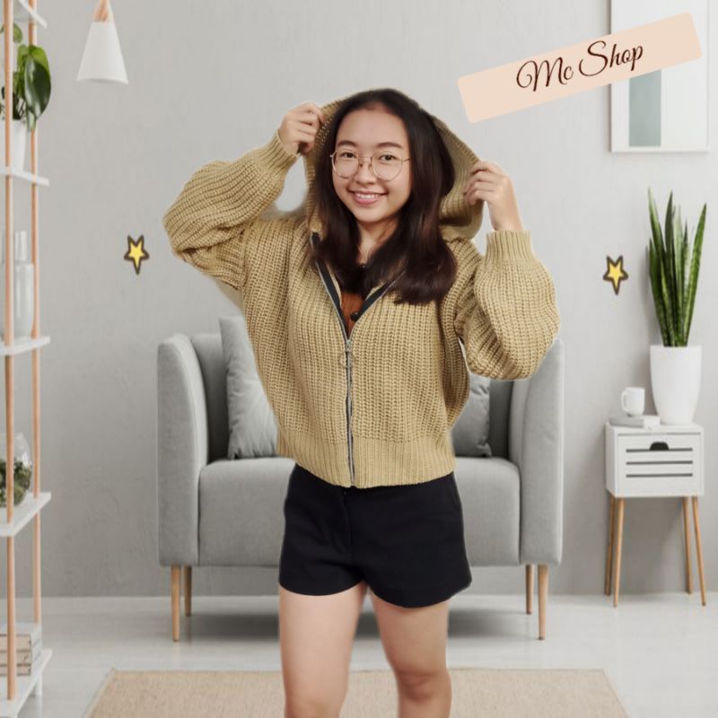 cardigan rajut crop Zipper + Topi (F187)