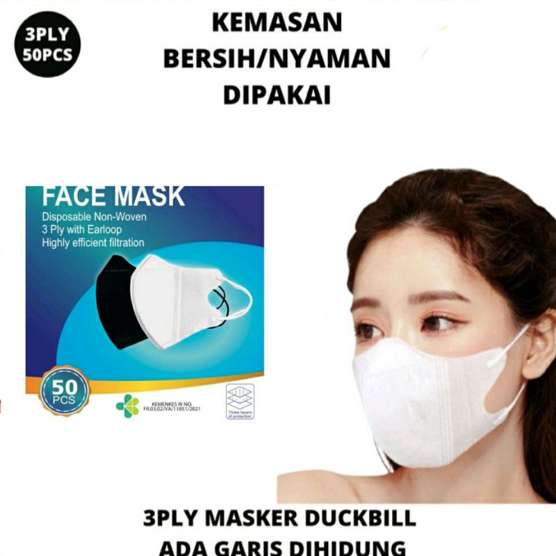 Murah lebay/Masker duckbill 3Ply facemask isi 50pcs warna putih mirip sensi/masker
