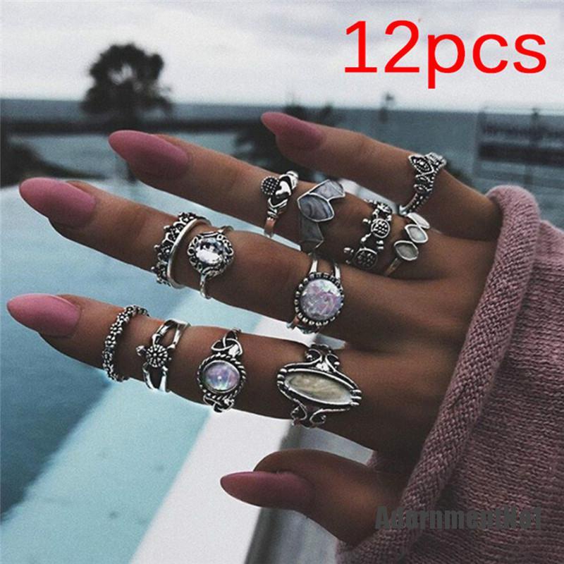 (Adornmentno1) 12pcs / set Cincin Nikah / Tunangan Silver Hias Opal Api Putih Untuk Wanita