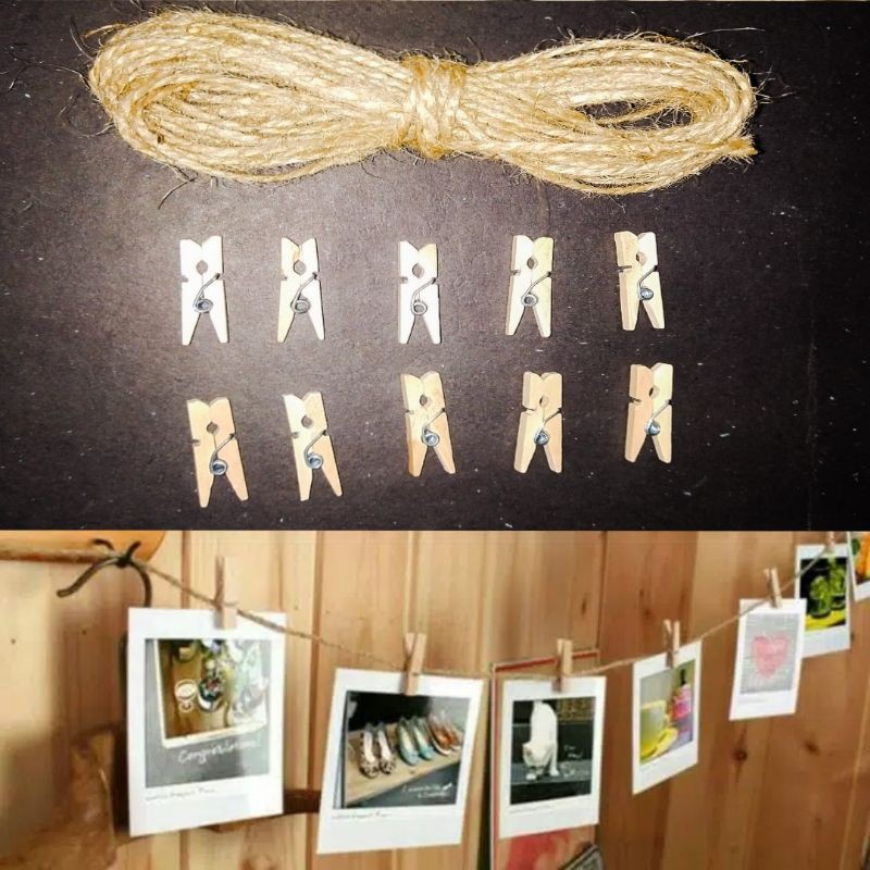 paket 10pcs penjepit foto dan tali rami goni 5 meter // wooden clip foto freme
