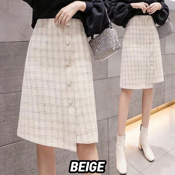 KARAKOREA 8939 Jiyeon Skirt/Rok Autumn/Midi Skirt/Rok Korea Skirt/Rok Blackpink Skirt-8939/Beige