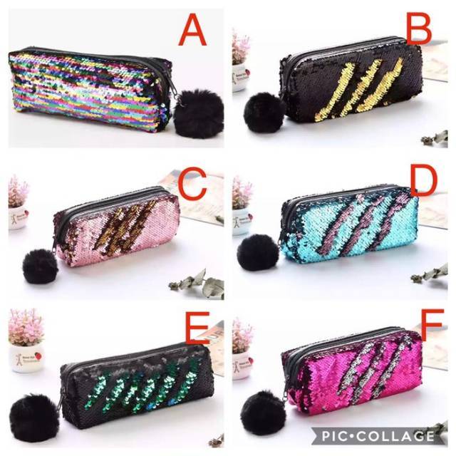 

Promo, harga super murah, Tempat pensil kotak pensil Sequin pompom