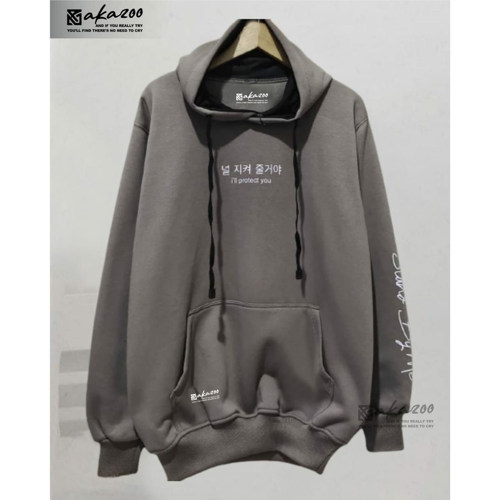 hoodie pria hudie pria distro original akazooofficial warna abu tua/paralon i,II PROTECT YOU SABLON PUTIH sweater oversize korean style tebal switer cowok keren terbaru 2021 hoodie oversize pria distro premium  unisex M L XL XXL akazoo official bandung