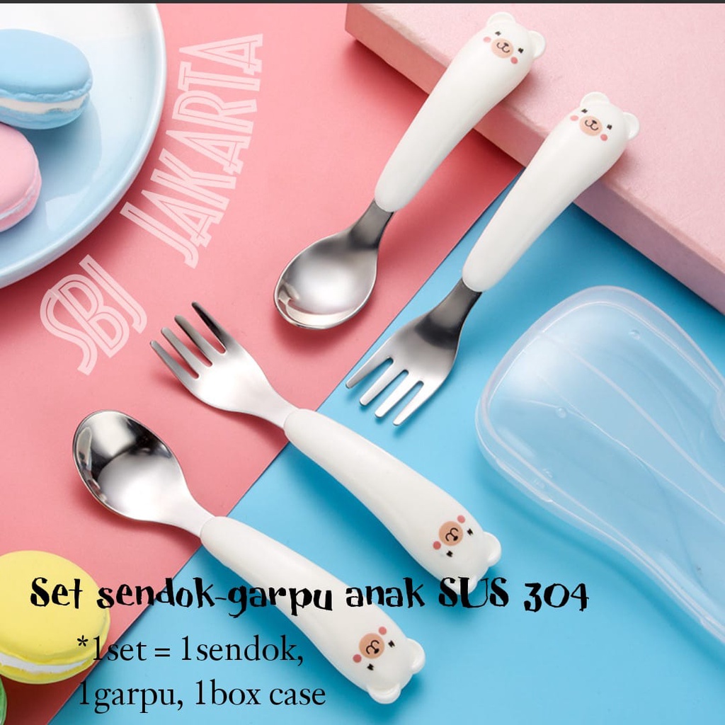 Alat makan Sendok Garpu Set / Set sendok Anak 304 SUS Stainless Steel disertai wadah case motif hamster bear