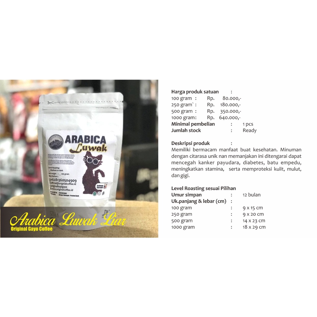

Original Coffee Bubuk Kopi Gayo Arabica Luwak Liar 500 gram