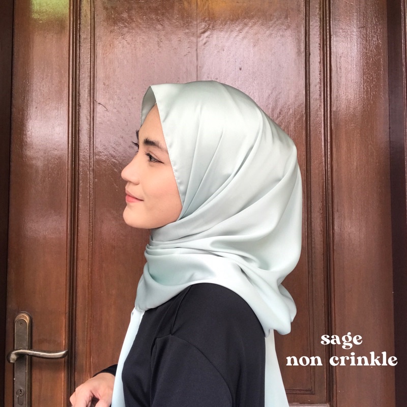 Pashmina Premium Satin Silk Malaysia Textured Crinkle (JAHIT TEPI KECIL SUPER RAPI)-sage (non crinkle)