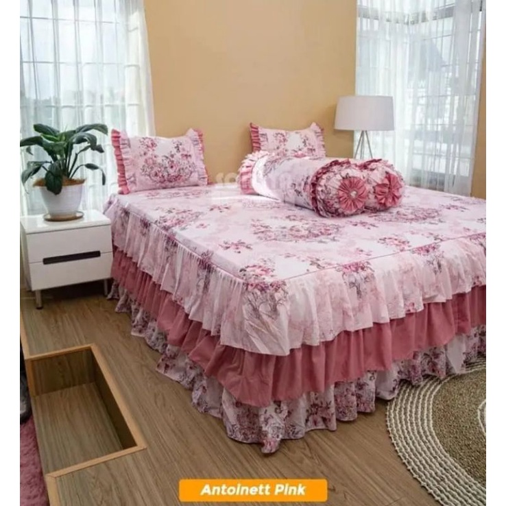 Sprei rumbai pengantin susun 3  motif Antoinette Pink bahan katun ukuran 200x200