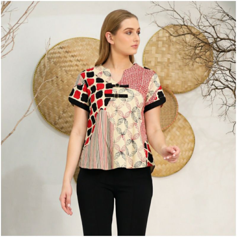 Atasan Blouse Batik Wanita Lengan Pendek Bahan Katun Stretch, 208 AAN / 208 SMP#-1