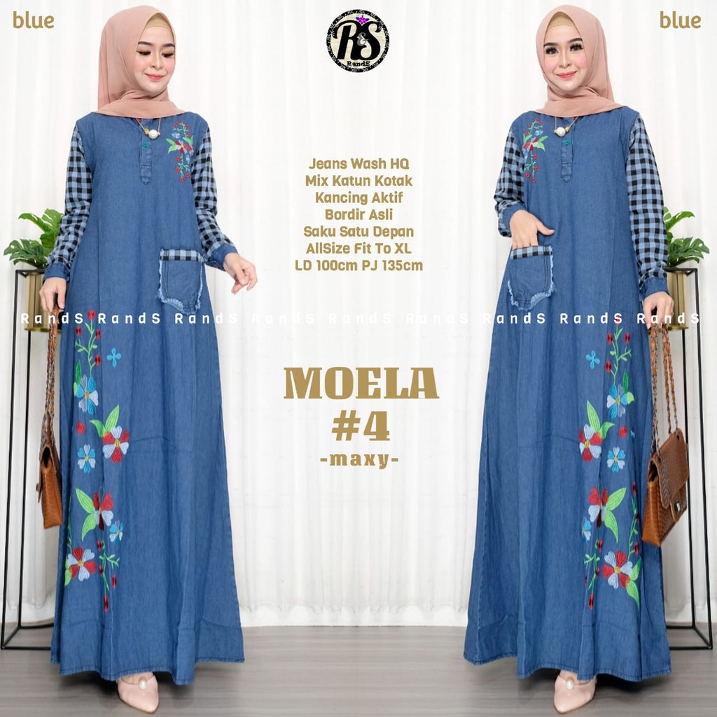 DRESS CASUAL JEANS VARIASI BORDIR || MOELA #4 MAXY DRESS BAHAN ORI JEANS WASH HQ