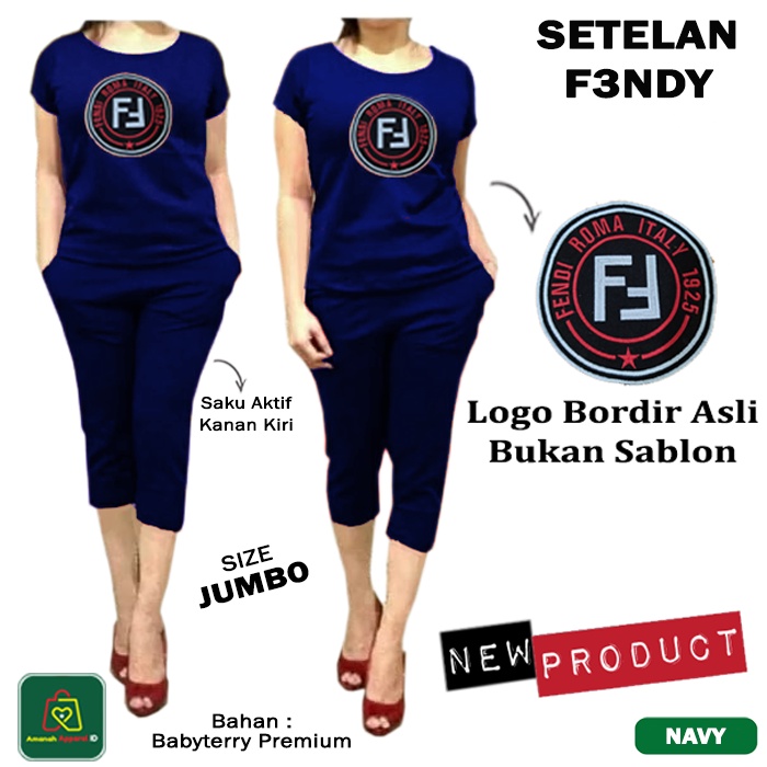 Setelan Kaos Hotpants Wanita F3NDY JUMBO Bordir Bahan Babyterry Premium Hot Pants 7/8 SIze XL - 09251