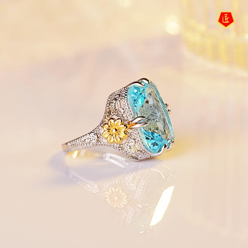 [Ready Stock]Elegant Blue Rhinestone Ring Women's Gold Color Separation Flower Ornament