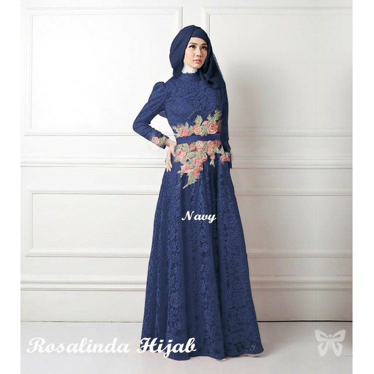 MAXI ROSALINDA/Gamis Syari Wanita Muslim/ Long Dress Wanita Brukat Lapis Bordir Murah