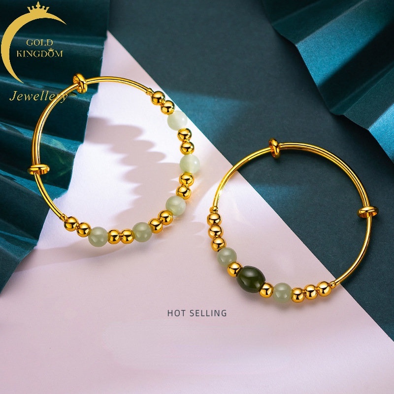 Goldkingdom Fashion Perhiasan 24K Bangkok Aksesoris Ready Stock Lembut Intelektual Transfer Manik-Manik Dorong Dan Tarik Batu Akik Gelang Bulat Manik-Manik Berlapis Emas Asli Kadar 375 Gelang